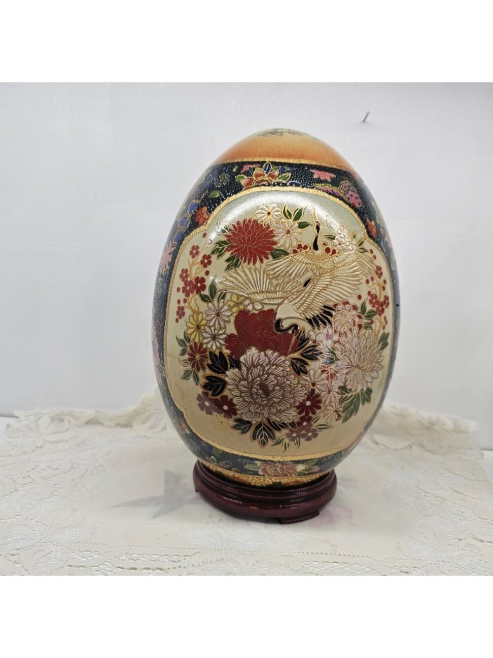 Vintage 11" Satsuma Style Porcelain Egg with Wood Stand - Hand Painted...